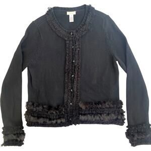 Chico’s Black Faux Fur Trim Ruffle Cardigan Sweater Size 1 (M/8–10)